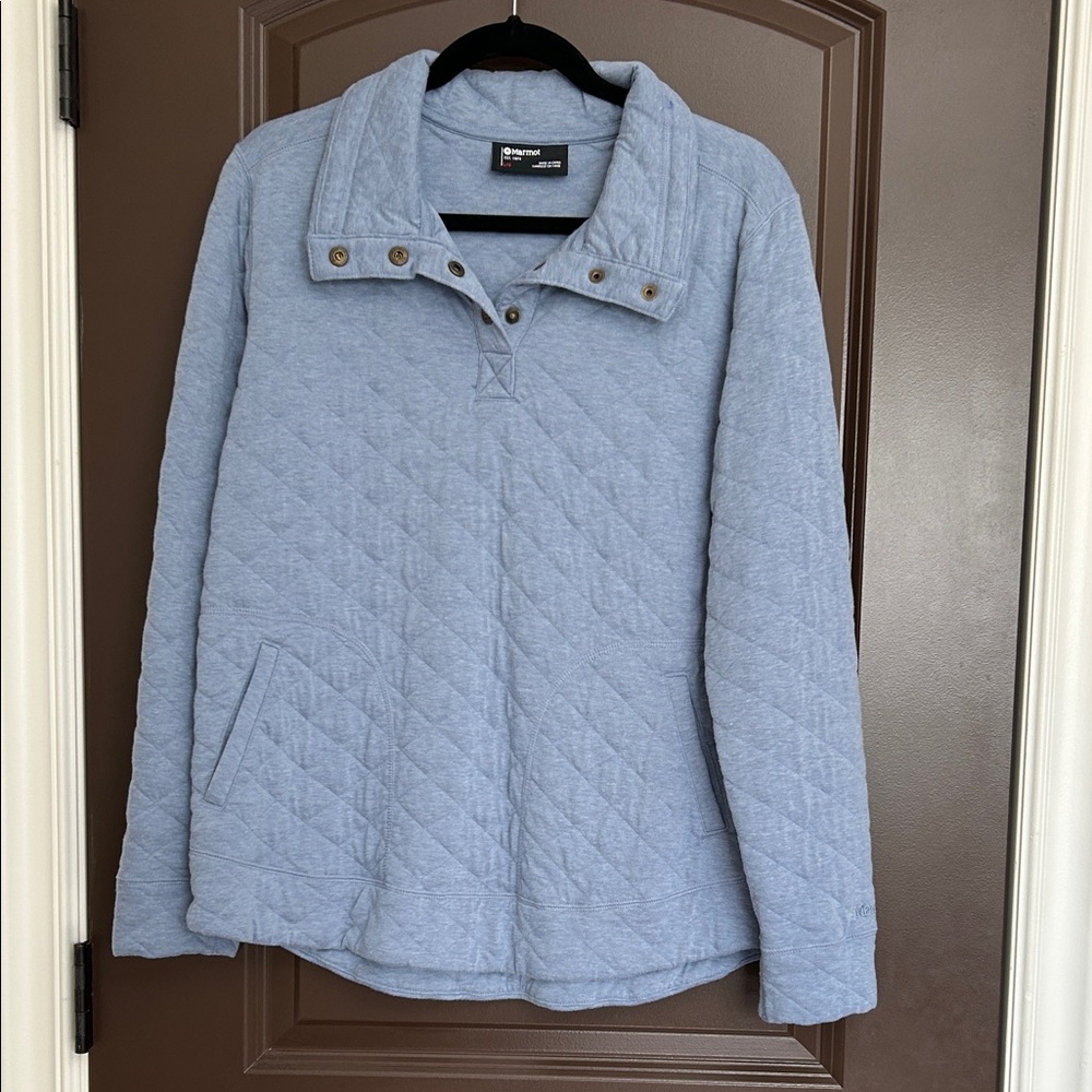 Marmot Light Blue Quilted Snap Neck Pullover Sweatshirt | Size L